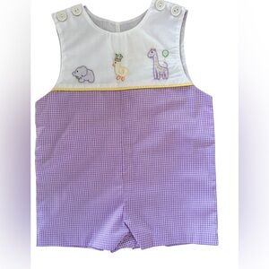NWT MardiGras darling Purple & white gingham Animal Embroidered Romper Sz 6 moth